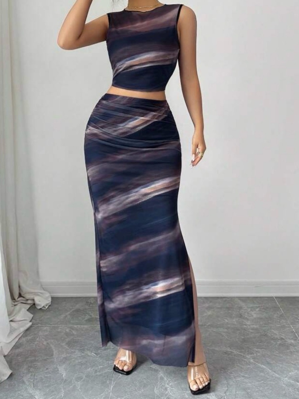 SHEIN Navy Multi-Stripe Maxi Skirt with Side Slit